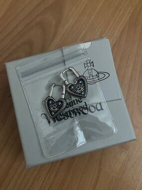 Silver Heart Padlock Dangle Earrings with Blue Stones